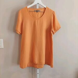Flax Linen Tunic Top Small Orange Short Sleeve Scoop Neck‎ Beach Vacation Staple
